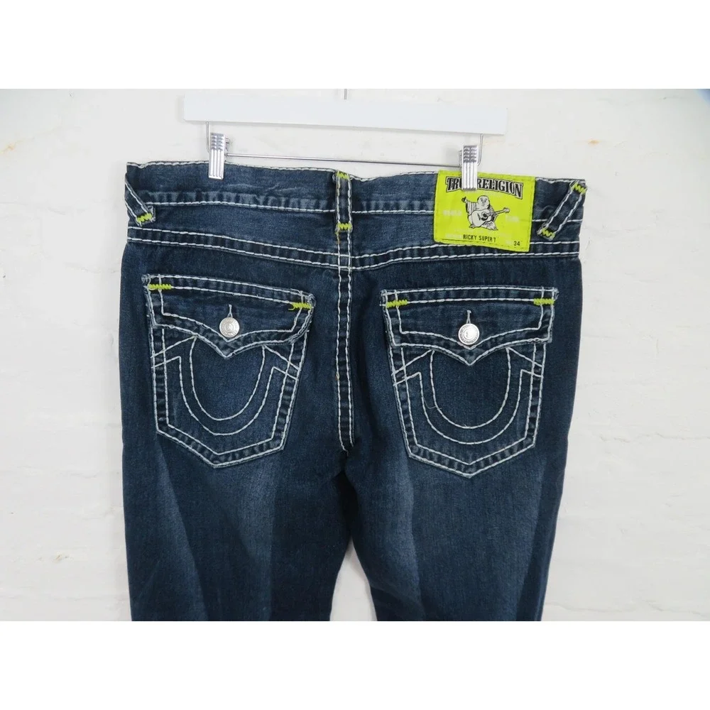 Vtg True Religion Ricky Super T JeansMen 42x34 Blue Flap Pocket USA Thick Stitch
